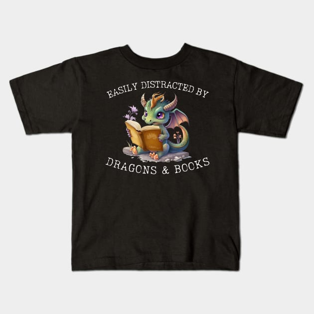 Easily Distracted By Dragons And Books Introvert Antisocial Kids T-Shirt by K.C Designs